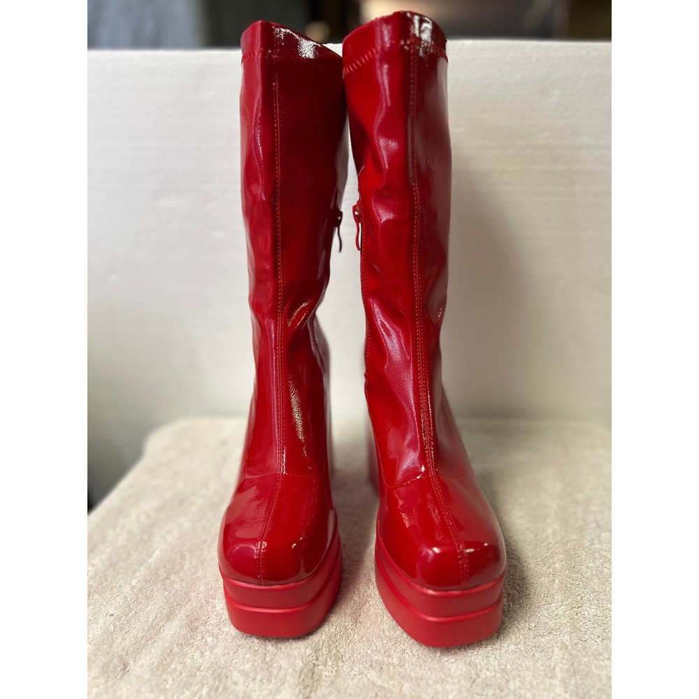 Red Patent Leather Platform Boots Chunky Block Heel Square Toe Mid-Calf Zip 38